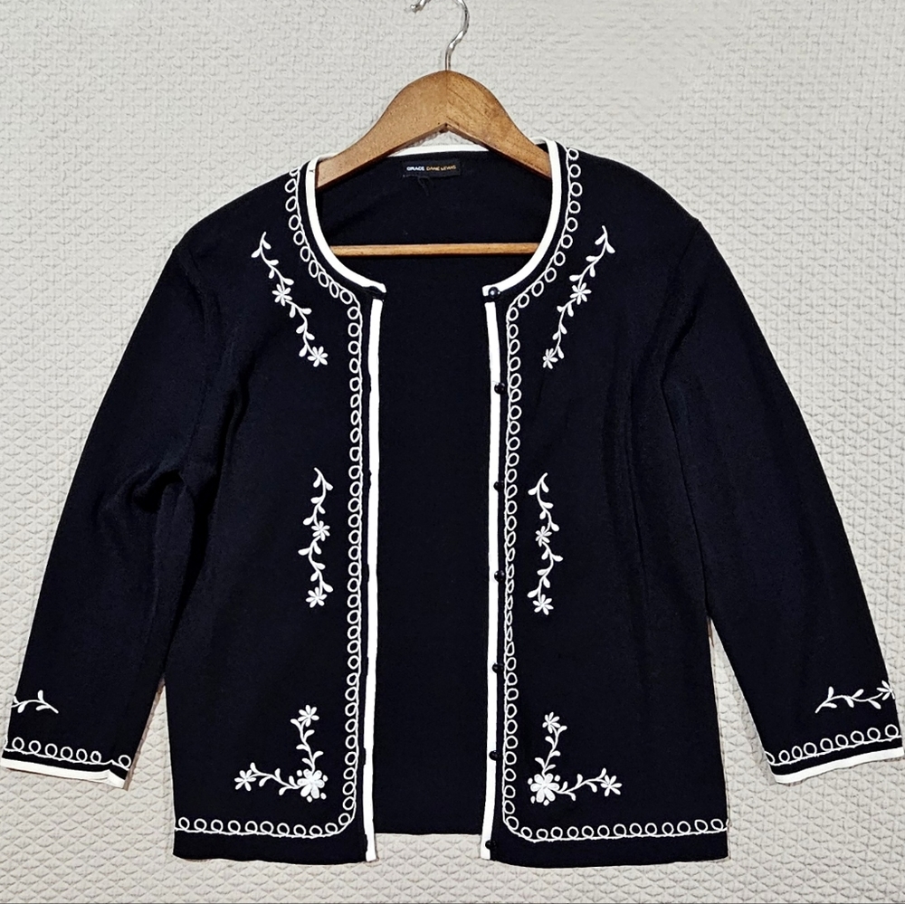 Grace Dane Lewis Elegant Black Open Front Knit Cardigan with Embroidery Size M-L